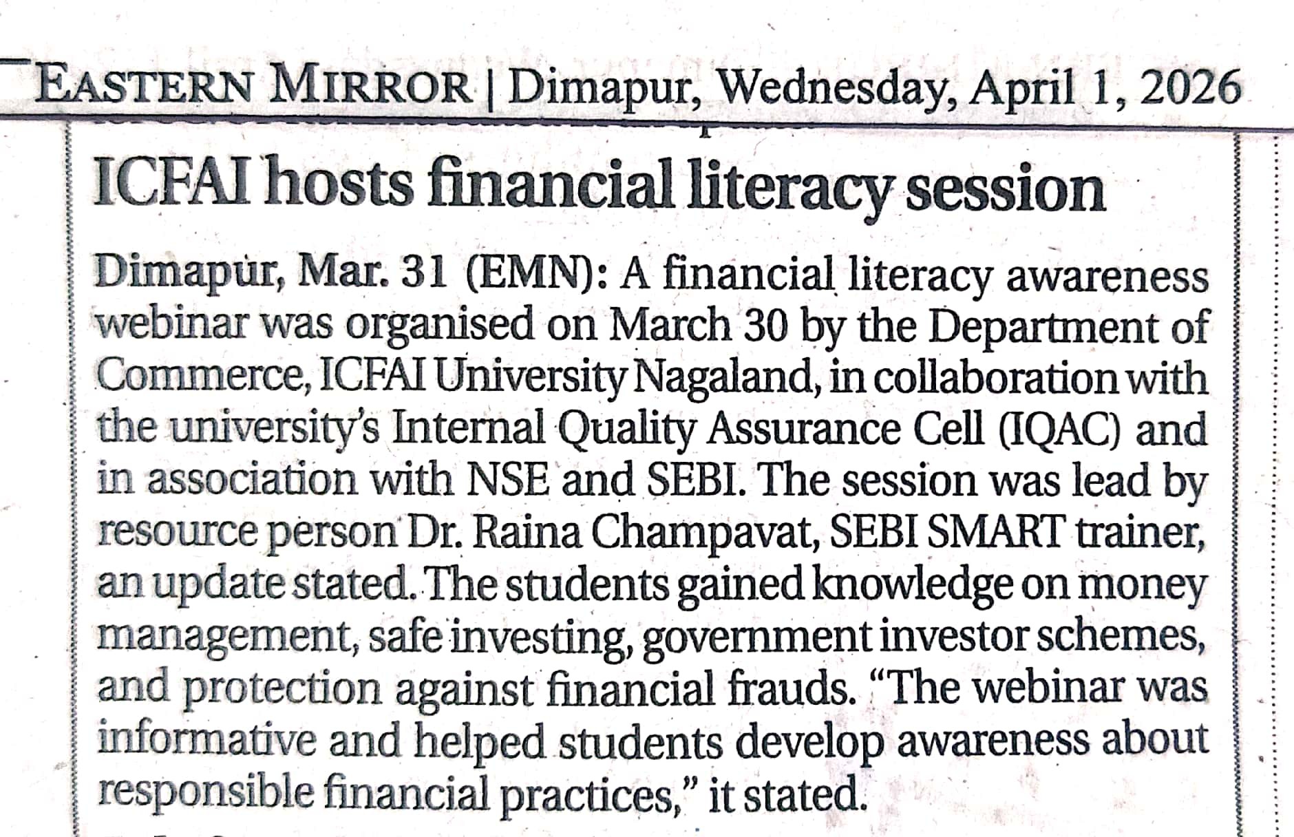 ICFAI University Nagaland hosts financial Literacy session.