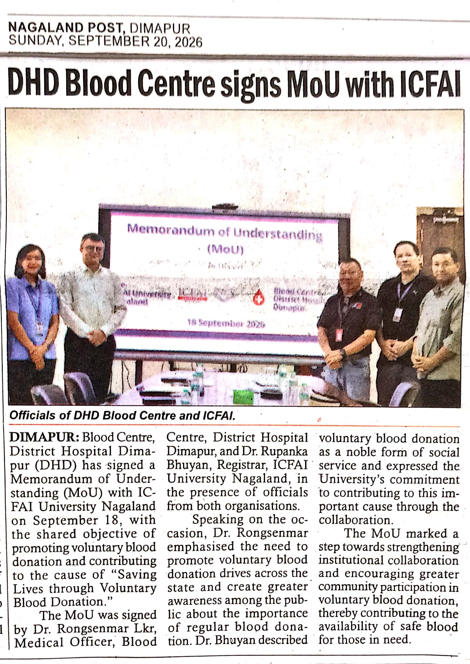 DHD Blood Centre signs MoU with ICFAI 