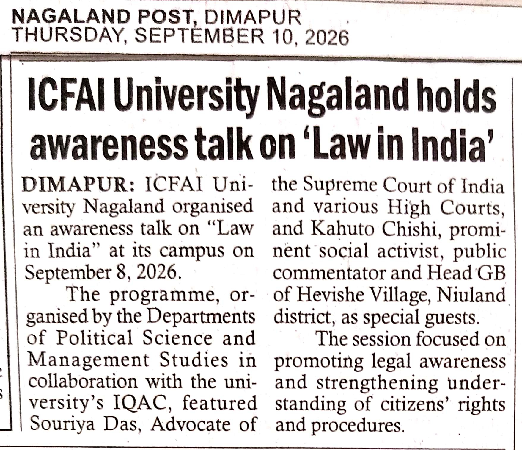 ICFAI University Nagaland holds awareness talk on 'Law in India'.